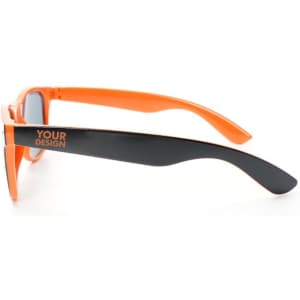 Neon orange sunglasses with black frames and a logo on the side, ideal for leisure and outdoor activities.
