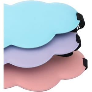 A cloud-shaped eye mask in pastel blue, purple, and pink, featuring adjustable straps. It has a logo.