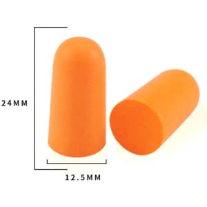 Orange washable foam earplugs in a tapered design, featuring a smooth surface and measuring 24mm tall and 12.5mm wide.