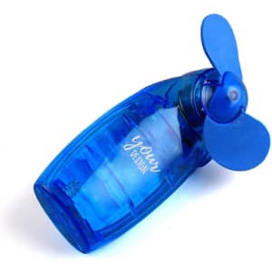 A blue mini USB handheld fan with a plastic body and a three-blade propeller, featuring a logo.