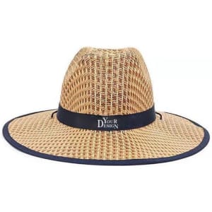 A straw cowboy sun hat in natural tones, featuring a blue band and a logo on the front.