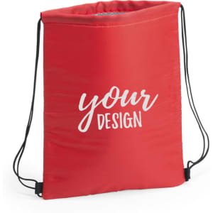 A red drawstring cooler bag with a silver inner lining and a logo, featuring adjustable shoulder straps.