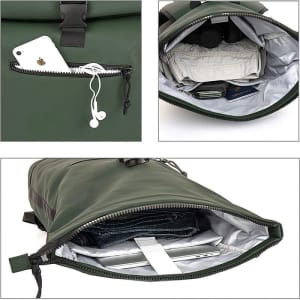 A green waterproof laptop backpack with various items inside, including a phone, clothes, and a laptop. It has a logo.