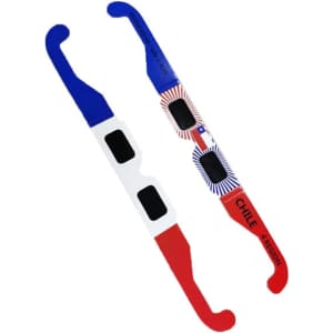 A pair of solar eclipse glasses featuring blue, white, and red colours with a logo. Suitable for outdoor use.