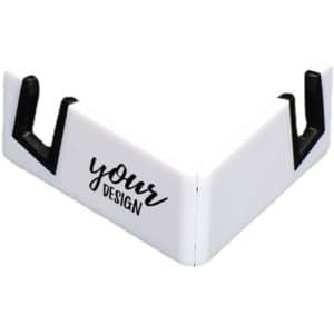 A V-shaped mobile phone holder in white with black accents, featuring a customizable design area.