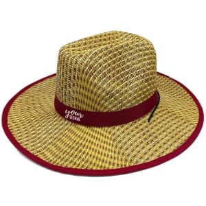 A wide brim cowboy straw hat in natural straw colour with a maroon band and logo. Perfect for sun protection.