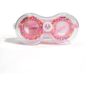 A pair of clear kids' swim goggles featuring pink frames and a colourful sprinkle design around the lenses.