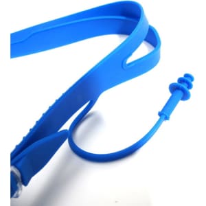 A pair of blue HD anti-fog swimming goggles with a flexible strap and adjustable nose pieces.