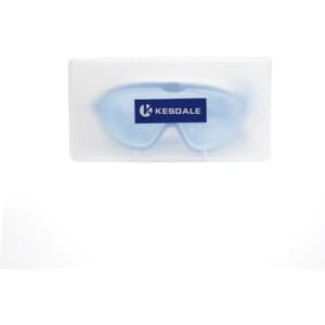 A pair of blue HD anti-fog swimming goggles in a clear case with a logo.