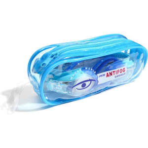 Blue kids swim goggles with a clear case, featuring a logo and designed for anti-fog use.