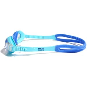 Kids swim goggles in blue and light blue, featuring a comfortable strap and an area for custom designs.