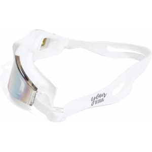 Electroplated swimming goggles in white with a sleek design and mirrored lens. Features a branded logo.
