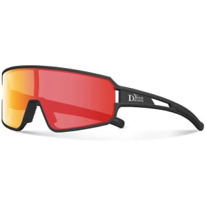 A pair of outdoor sports cycling glasses with a black frame and red gradient lenses, featuring a logo on the arm.
