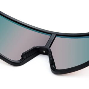 A pair of black outdoor sports cycling glasses with mirrored lenses, featuring a gripped nose bridge.