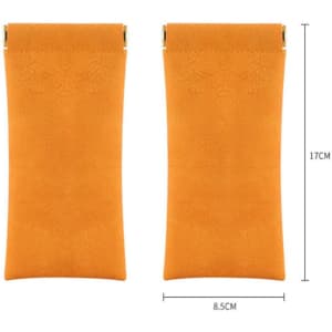An orange soft pouch for eyeglasses, featuring a zipped closure and measuring 17 cm by 8.5 cm. It has a logo on it.