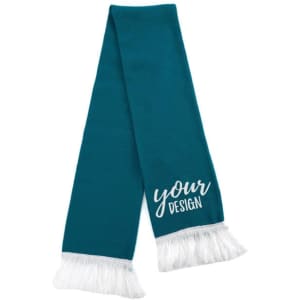 Acrylic fringe tassel scarf in teal with white tassels at the ends and a branding area for custom design.