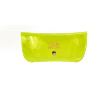 A bright yellow PVC clear jelly sunglasses pouch with a snap closure and a branding area.