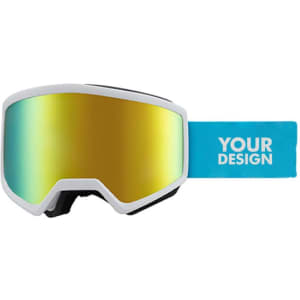 Double layer ski goggles with a white frame, mirrored gold lens, and a turquoise strap featuring a logo.
