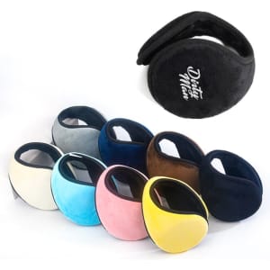 A set of unisex winter earmuffs in various colours, featuring a logo on one pair.