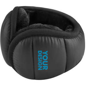 A black foldable down ear warmer with a soft lining and a logo on one side.