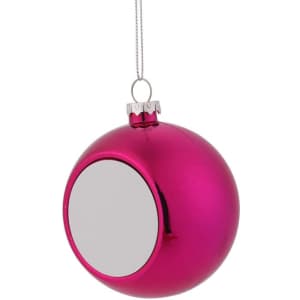A shiny magenta Christmas ball ornament with a reflective surface and a silver cap for hanging.