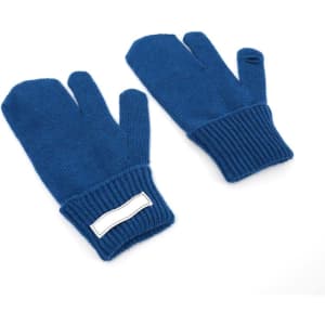 Wool knitted three-finger gloves in blue, featuring a ribbed cuff and a branding label.