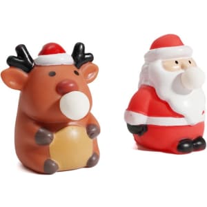 A brown reindeer with a red Santa hat and a Santa figure in red and white, both are stress toys with white bubbles.