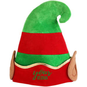 A red and green felt elf hat featuring a pointed tip and decorative ear details. It includes space for custom design.