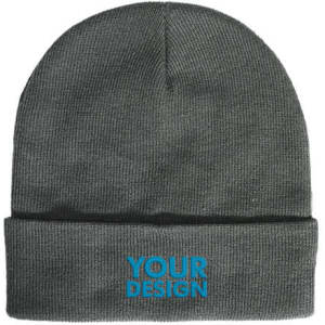 A dark grey knit cuff beanie featuring a logo on the front. Made from recycled RPET material.
