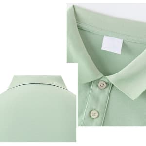 A premium long sleeve polo shirt in a soft green colour, featuring a collar and button details.