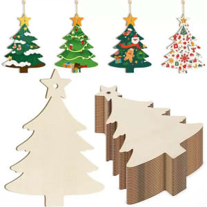 A set of wooden Christmas tree hanging ornaments in various designs and colours, including green and white.
