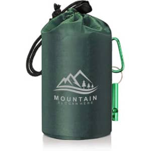 A green portable emergency sleeping bag with a drawstring closure and a metal clip, featuring a logo.