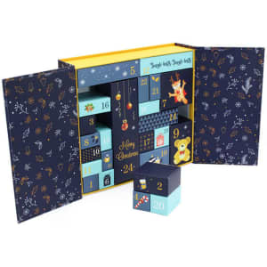 A reusable Advent calendar with a navy blue design, featuring various festive illustrations and compartments for each day.