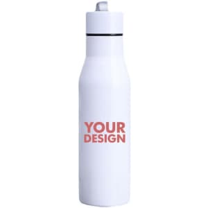 A drink bottle in white with a stainless steel body and a logo featuring a placeholder for custom design.