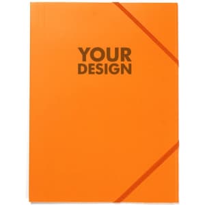 An orange folder with an elastic band, featuring a logo and a customizable design area.
