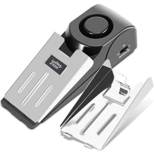 A black and silver door stop alarm with an adjustable hinge, featuring a logo on the side.