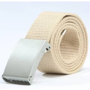 A unisex canvas belt in beige with a silver buckle, featuring a textured woven design.