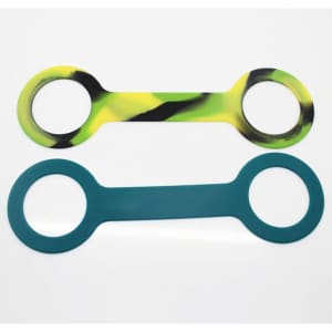 A drink bottle handle made of silicone, featuring a green and black marbled design and a solid teal design. Both have circular openings.