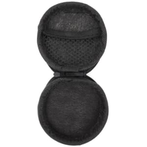 A round, black EVA earphone storage case featuring a mesh pocket and zip closure. It has a simple, unbranded design.