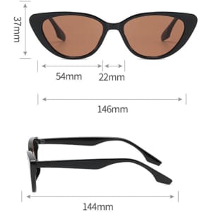 A pair of triangular cat eye sunglasses in black with brown lenses, featuring a logo and dimensions displayed.