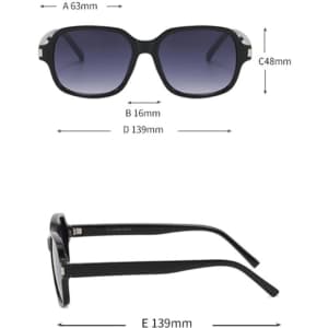 Black custom printed sunglasses with a dark gradient lens, featuring measurements for fit and a logo on the side.