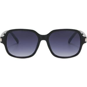 A pair of black custom printed sunglasses with gradient lenses and a logo on the temple.
