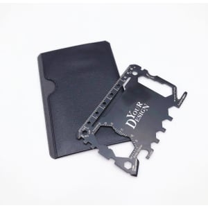 A black multi-tool credit card featuring various tools inside a black holder.