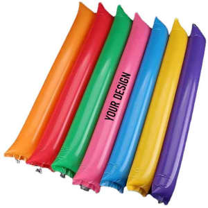 Inflatable cheering sticks in orange, green, pink, yellow, and purple, featuring a logo area for custom designs.