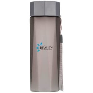 A drink bottle in frosted grey with a sleek design and a grey cap. Features a small logo on the front.