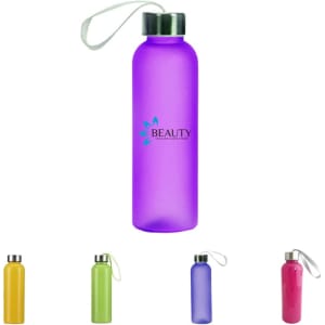A drink bottle in purple with a silver cap and strap, featuring a logo. Available in yellow, green, and pink options.