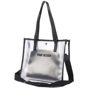 A clear bag with inner pouch, featuring black handles and an adjustable strap. Includes a brand logo.