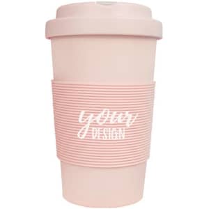 A 12 oz. light pink wheat straw coffee mug with a textured sleeve and a lid, featuring a logo.