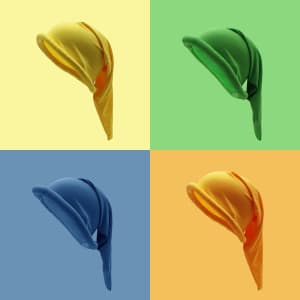 Four extra long dwarf hats in yellow, green, blue, and orange against pastel backgrounds. Each hat is distinct and colourful.