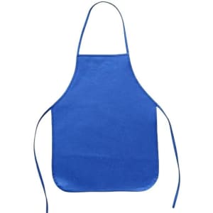 A blue kid's apron with ties, made from RPET material, featuring a logo. Suitable for workwear and cooking activities.
